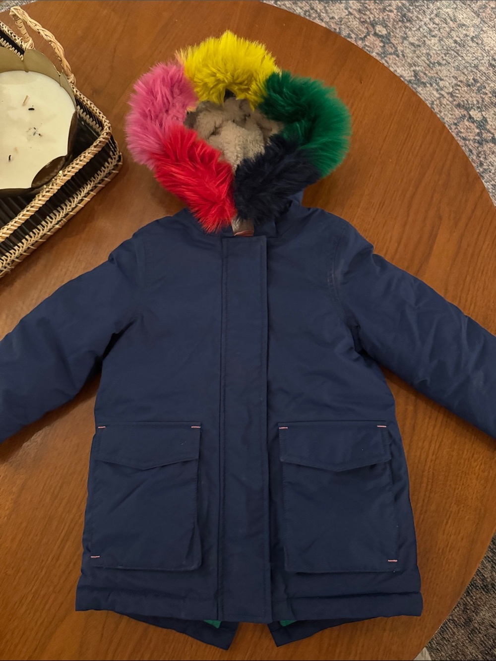 Mini Boden Navy Puffer Jacket with Rainbow Faux-Fur Hood Trim